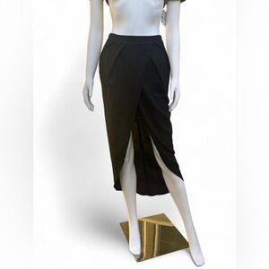 NWT LF Black Wrap Front Midi Skirt | US 4 | High Slit Draped Chic